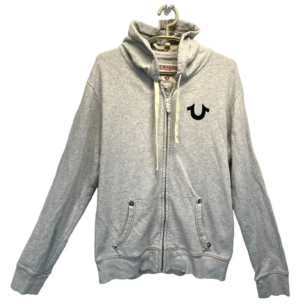 True Religion Men's M Budda World Tour Logo Gray Full Zip Hoodie Fleece